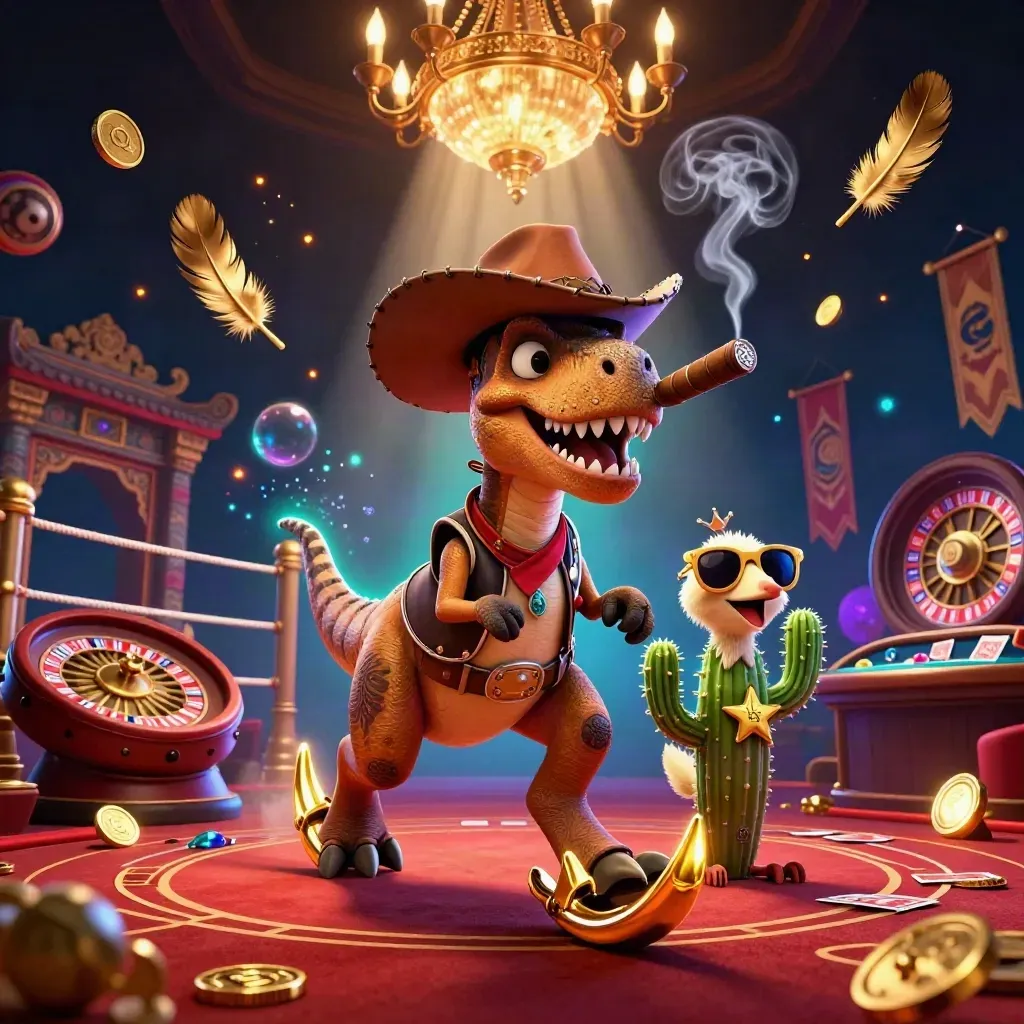 Cowboy T-Rex, cactus sidekick, and roadrunner in a luxe casino scene with glowing game props.