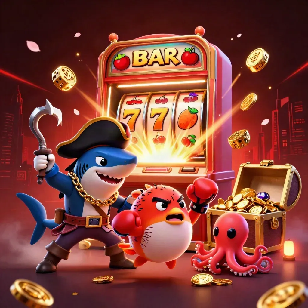Pirate shark, boxing pufferfish, and juggling octopus amid slot symbols and gold burst