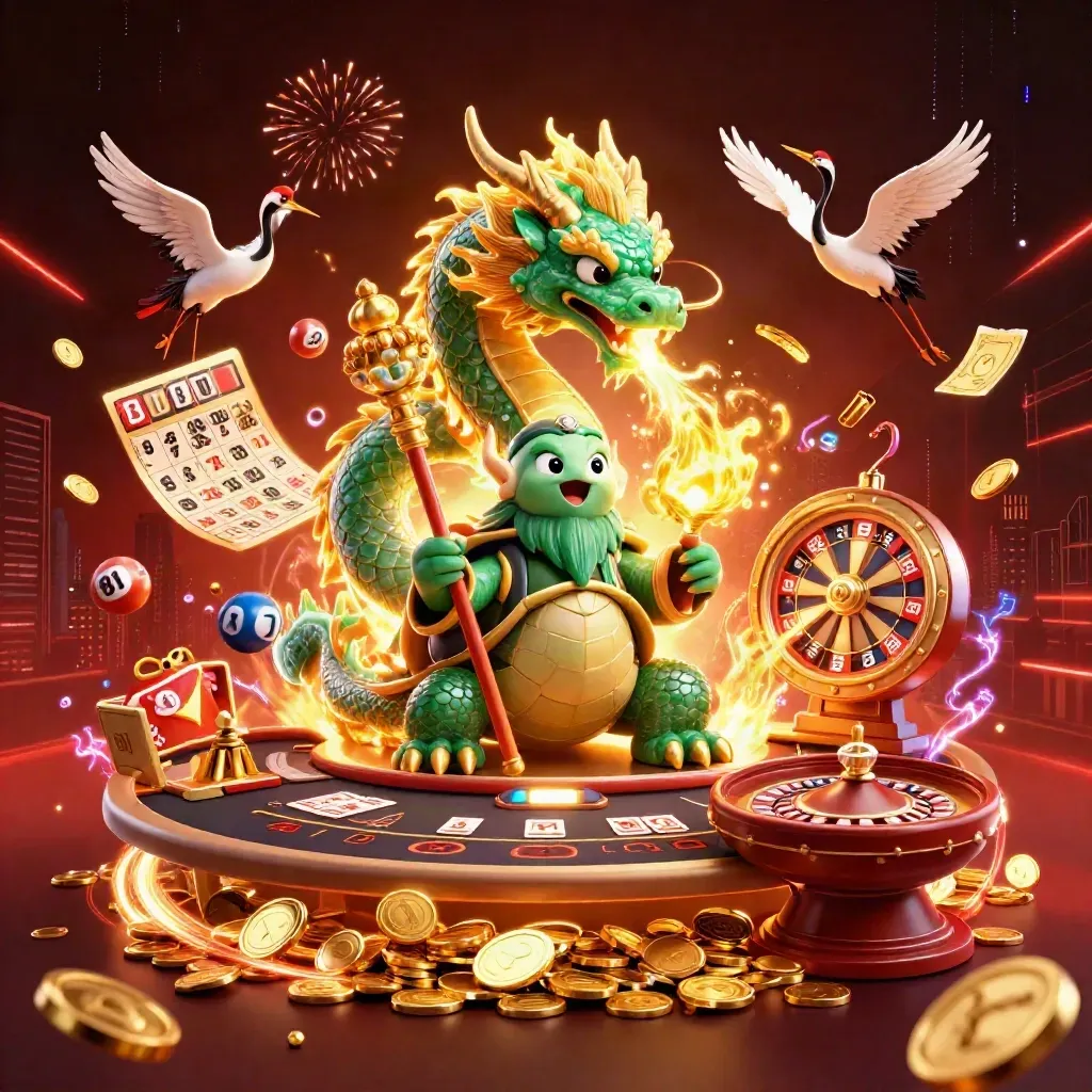 Jade dragon, turtle sage, and cranes amid casino gold, fireworks, and spinning bonus wheels.