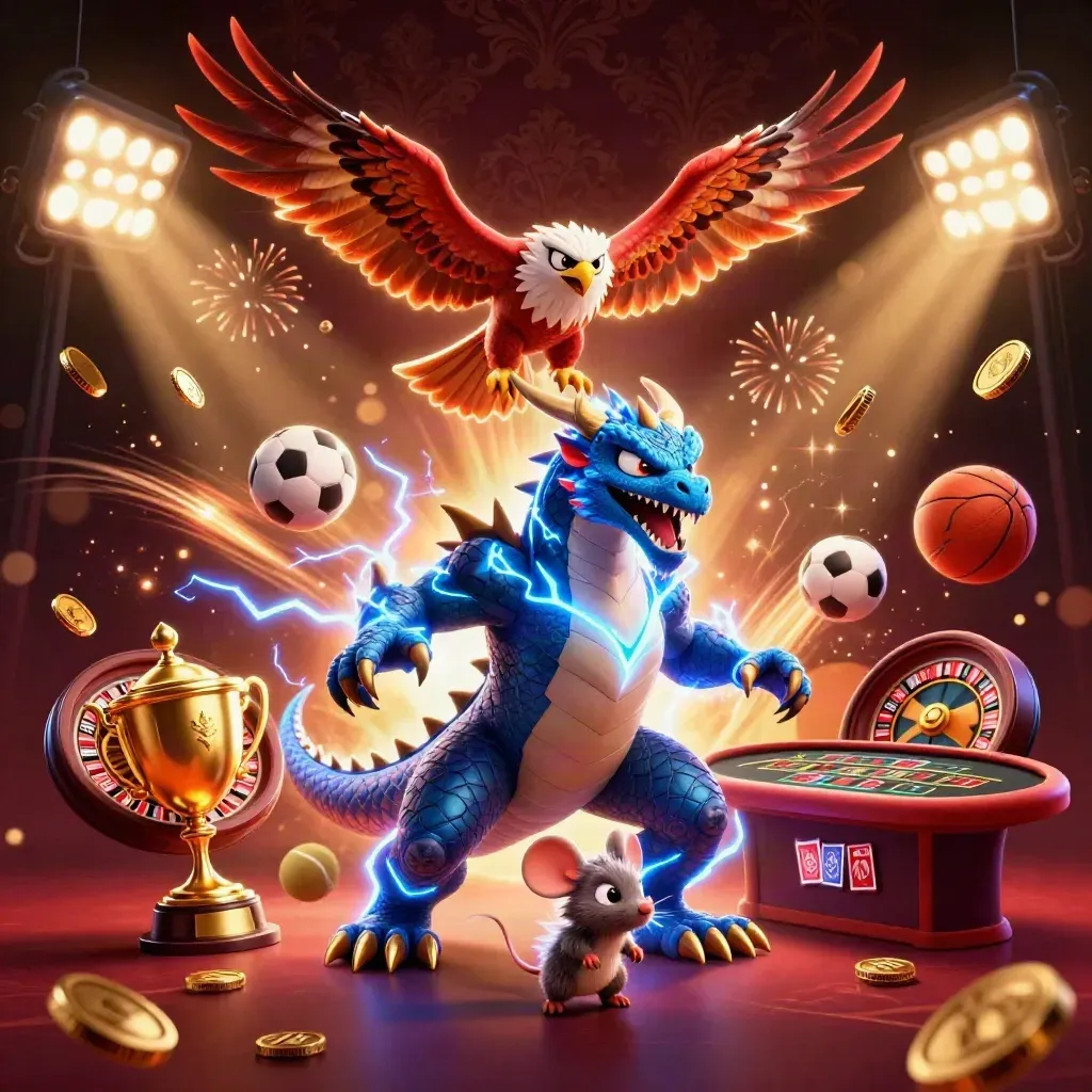Lightning dragon, hawk, and mouse explode amid casino gold, coins, balls, trophies, and fireworks