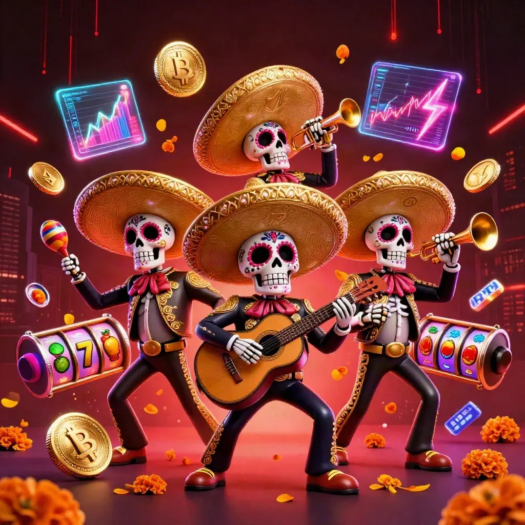 Glowing skeleton mariachi trio with casino icons, neon coins, and dramatic red-black lights.