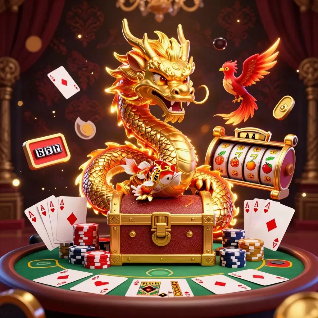 Golden dragon with phoenix and koi over casino props, glowing in luxe red and gold.
