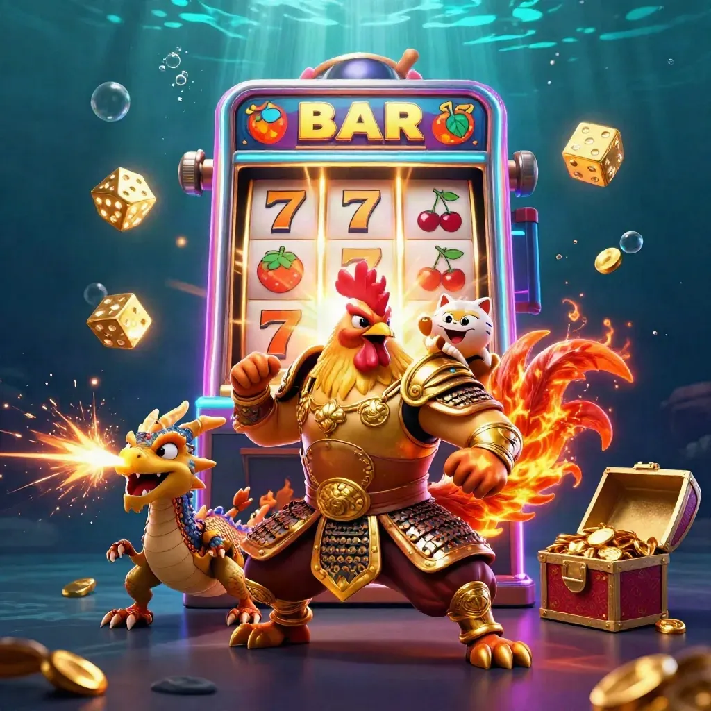 Rooster warrior, dragon hatchling, and fortune cat amid slot symbols in neon underwater casino light.