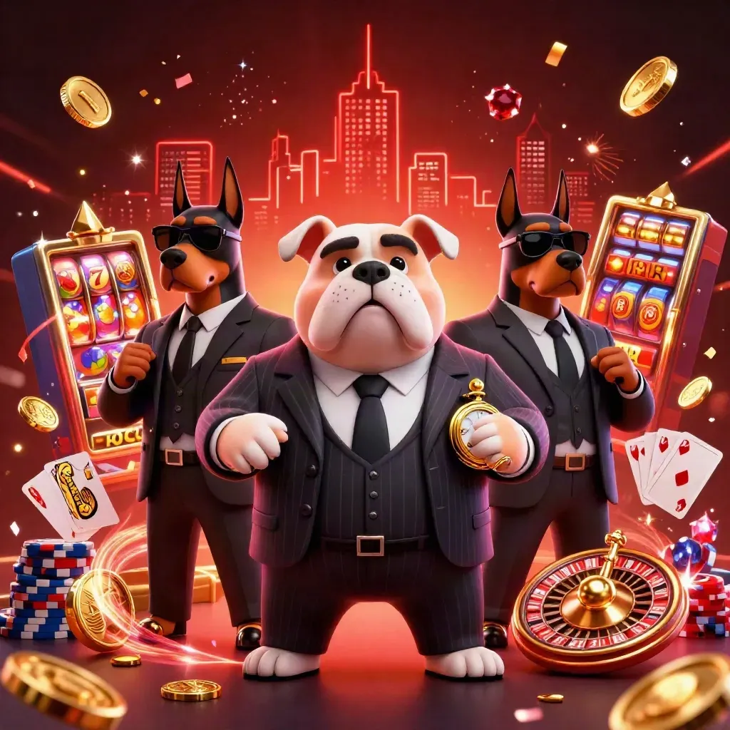 Mafia bulldog flanked by Dobermans amid coins, chips, roulette wheel, and neon casino effects