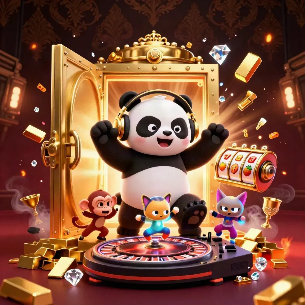 DJ panda, breakdancing monkey, and rave kitten around a glowing vault of casino riches