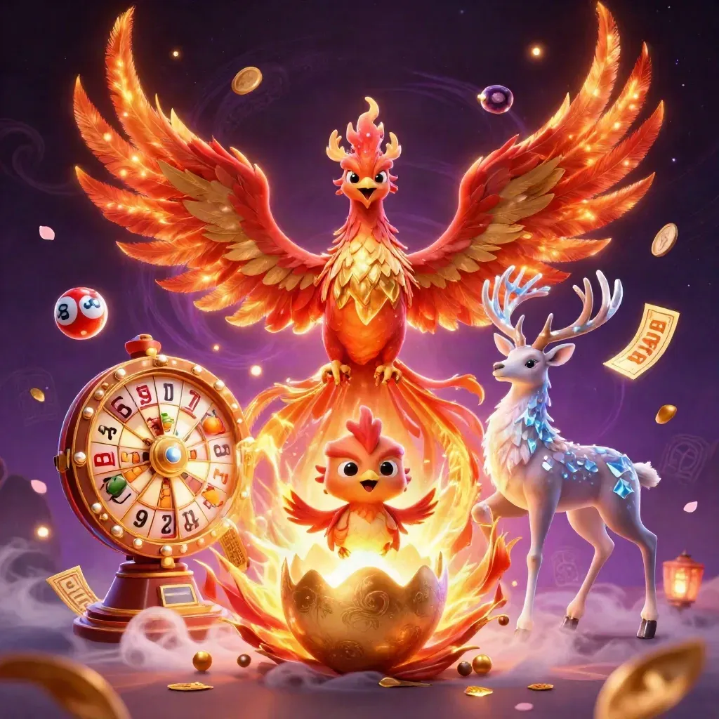 Fire phoenix, hatching baby phoenix and crystal stag amid casino reels, balls and glowing magic.