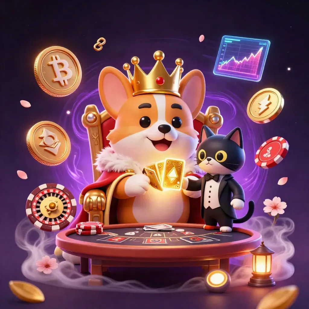 Royal corgi king and cat butler amid neon coins, roulette spin, and casino magic.