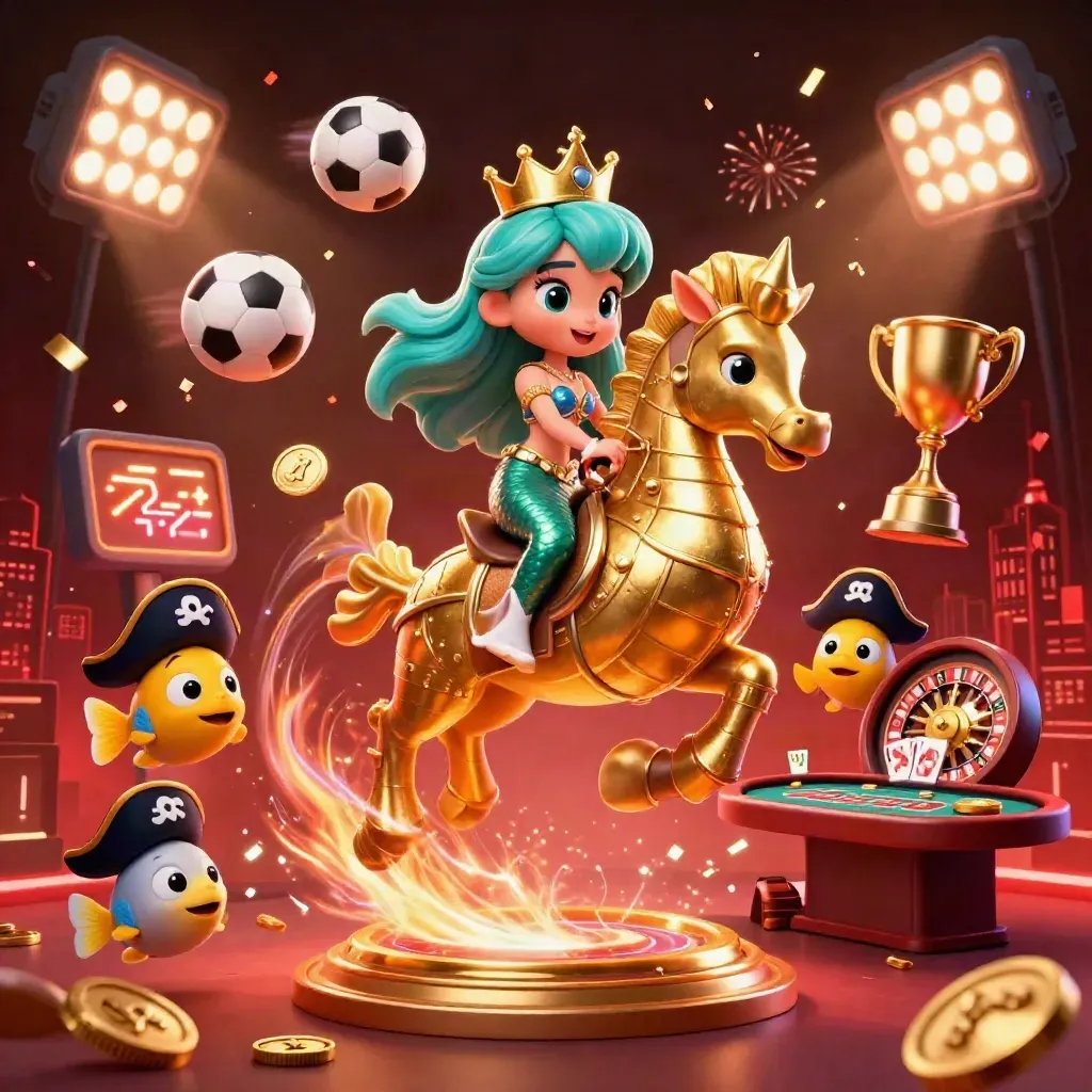 Mermaid princess on a golden seahorse amid casino objects, coins, fireworks, and neon light.