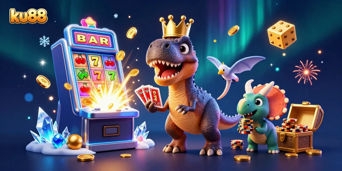 Win big at ku88 with a friendly T-Rex shuffling cards among soaring slot machines and golden chips!