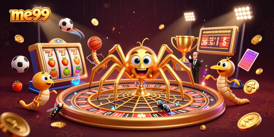 Bet on excitement at me99 Casino with cartoon characters spinning a roulette web and showcasing thrilling game elements.