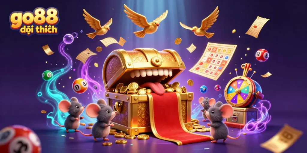 Engage with exciting go88 đổi thưởng opportunities through a vibrant scene showcasing casino treasures and dynamic game elements.