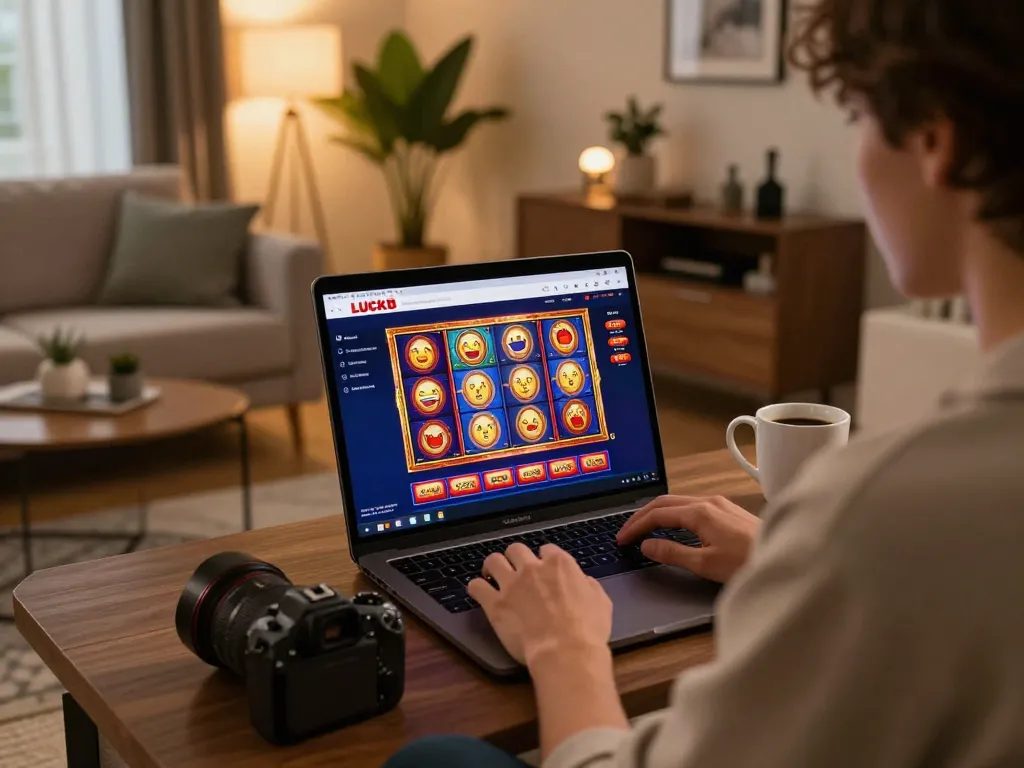 Person engaged in online gameplay on luck8 platform, showcasing vibrant slot machines and cozy atmosphere.