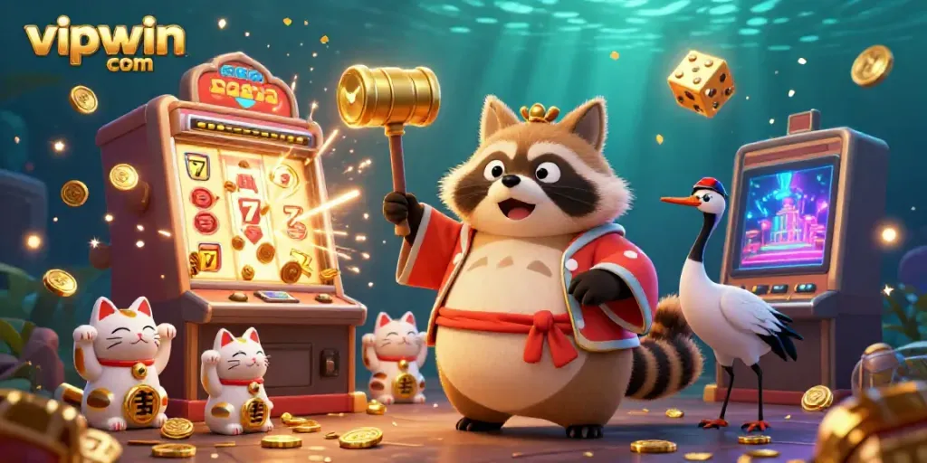 Experience the excitement of winning at vipwin com with animated fortune cats and vibrant casino elements.