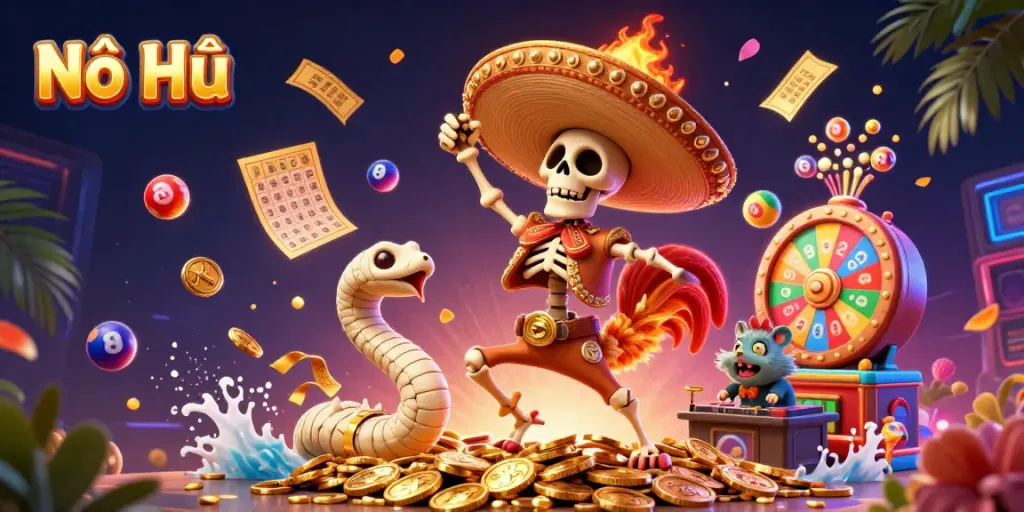 Nổ Hũ highlights a lively 3D scene with a skeleton mariach rooster celebrating on gold coins, enhancing the casino vibe.