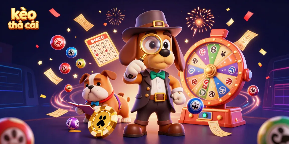 Engage in kèo nhà cái action with a detective bloodhound and a bulldog companion amid colorful lottery thrill.