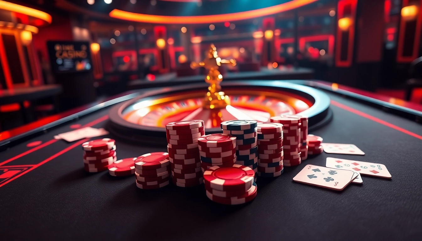 Experience thrilling gaming at nk88 with a vibrant casino setup featuring cards and chips.