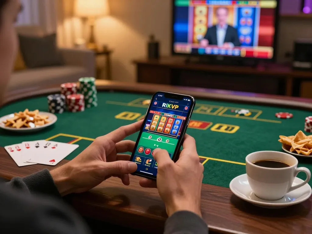 Player engaging with the RIKVIP app for an immersive online gambling experience in a cozy home setting.