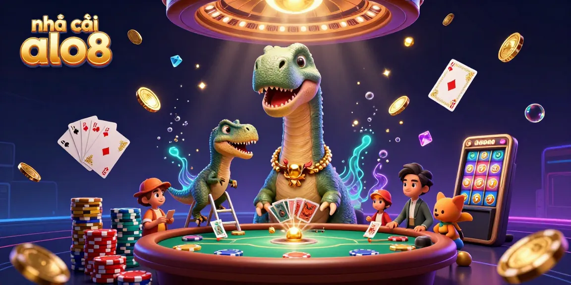 Experience the thrill of gambling with nhà cái alo8 in a vibrant, dynamic casino scene featuring a playful brontosaurus and raptor dealer.