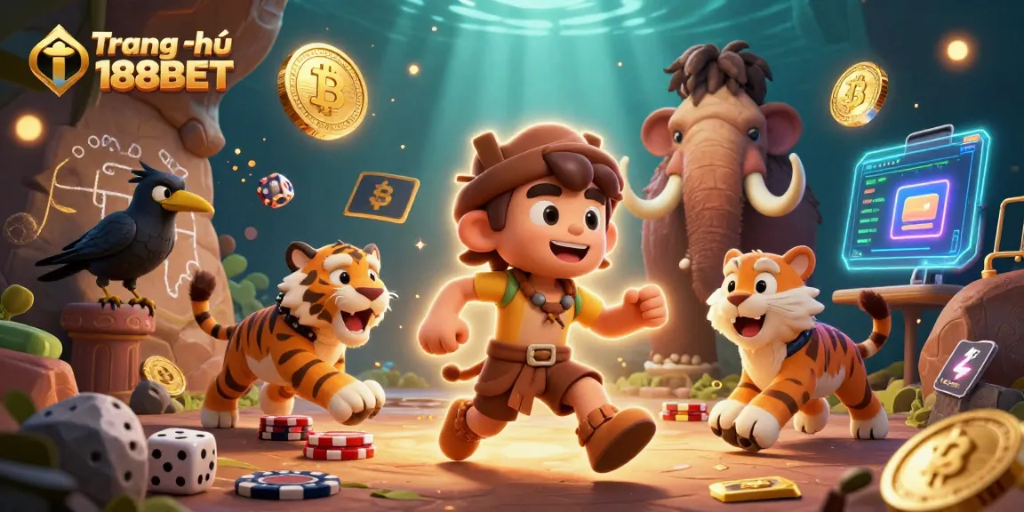 Experience the thrill of the Trang chủ 188BET casino with a dynamic 3D illustration featuring a caveman and sabertooth duo.