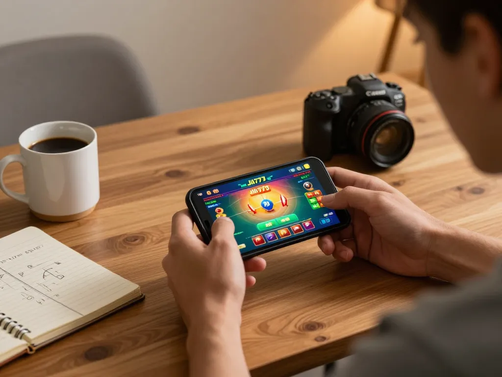 Engage in online gaming at https://jili777.fit/ on a smartphone, enjoying a cozy home environment.