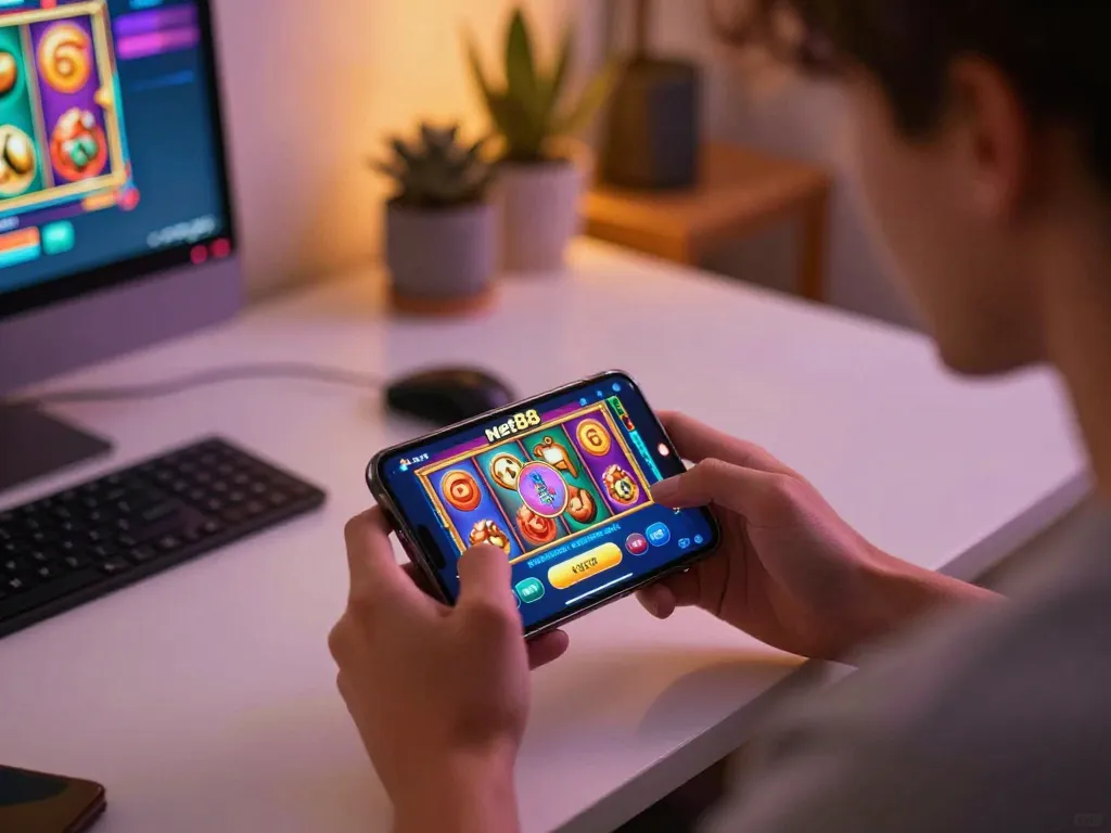 Engaged player exploring net88 casino app on smartphone in a cozy home setting