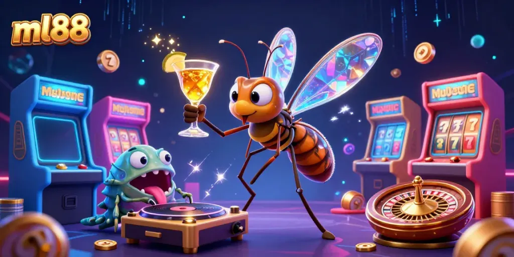 Engage in gaming excitement with ml88 and vibrant characters in a thrilling casino scene.