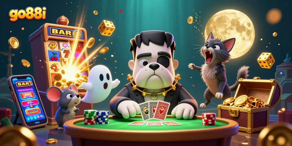 Engage in thrilling gaming at go88i with a 3D cartoon scene of monsters and slot excitement.