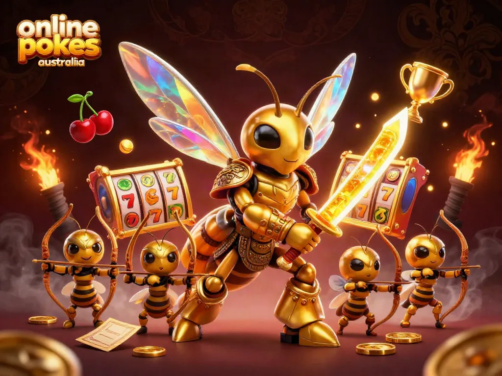 Engage with the best online pokies Australia in a vibrant, dynamic 3D illustration featuring samurai-themed elements.