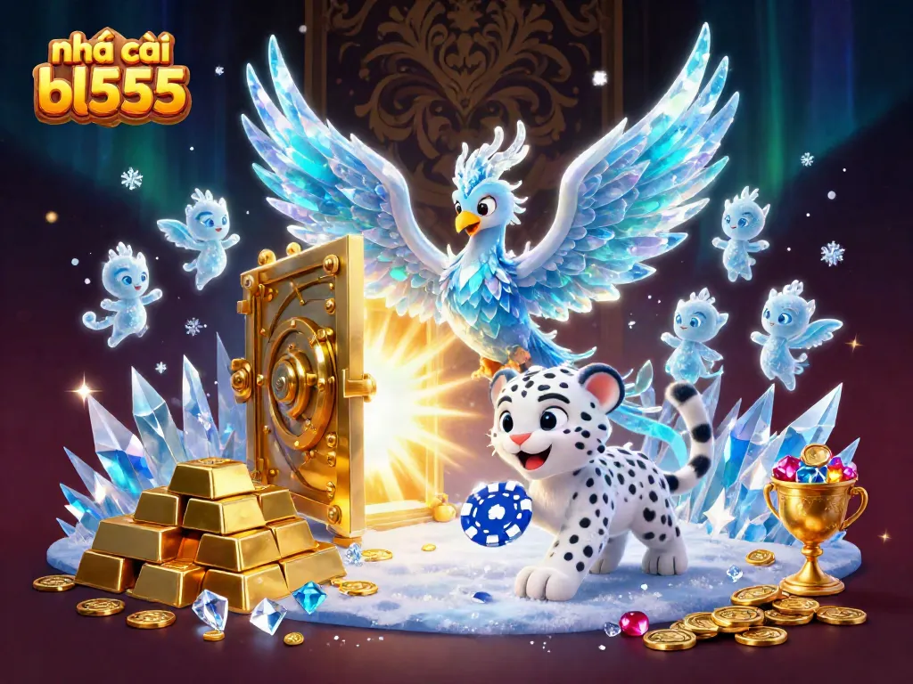 Join the fun with nhà cái bl555 as the ice phoenix and snow leopard cub play among gold treasures.