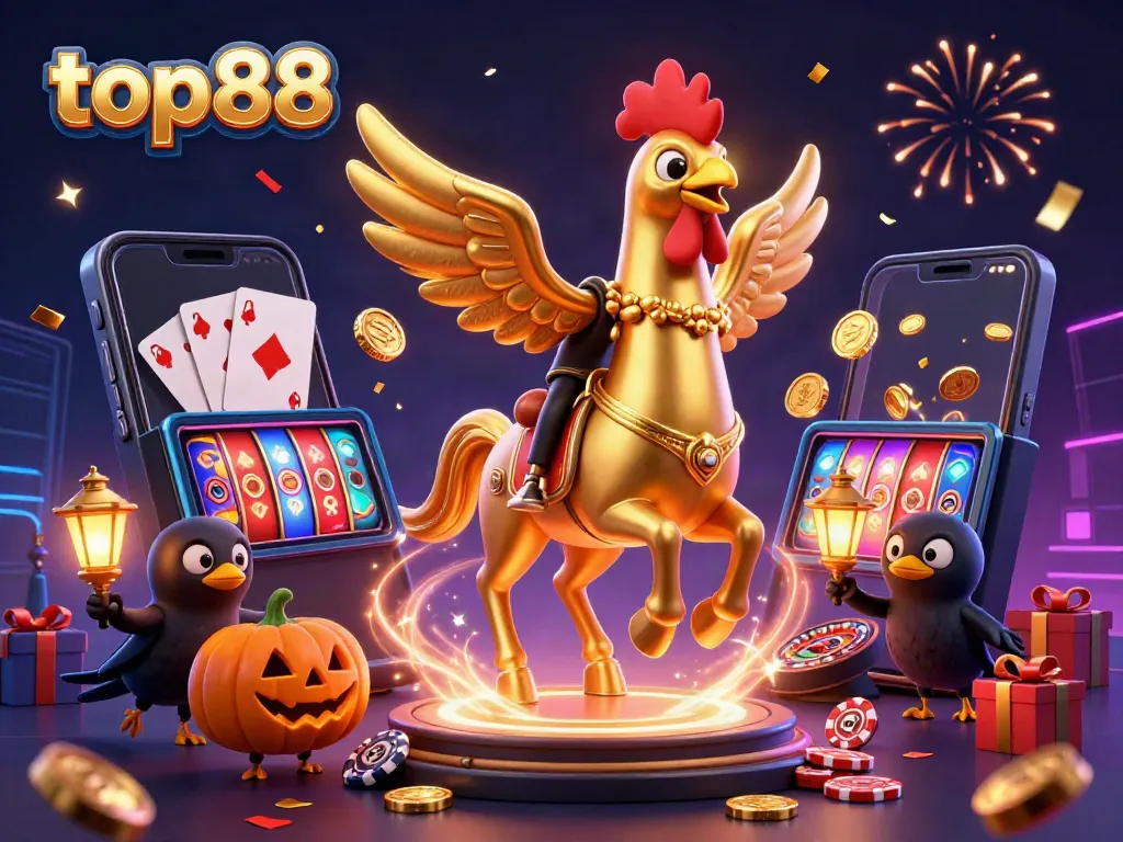 Experience gaming excitement with top88's vibrant casino scene featuring golden rooster characters and immersive gameplay