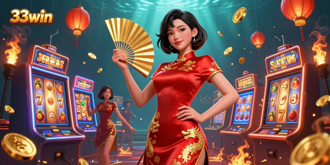 Engage in thrilling wins at 33win with vibrant slot machines and a radiant Asian host.