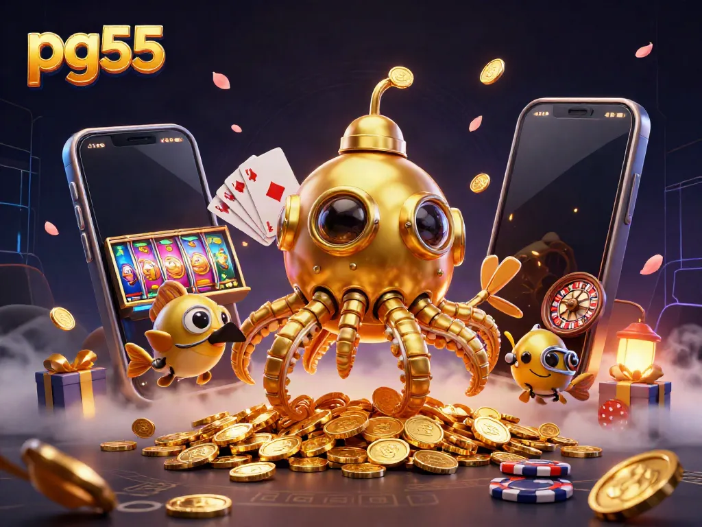 Catch immersive gaming adventures at pg55 with a golden kraken submarine exploring a sea of rewards.