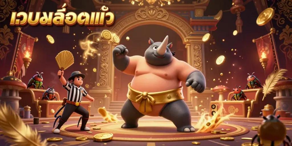 Experience excitement with เว็บสล็อตแท้ in a dynamic scene featuring a beetle champion amidst gold coins.