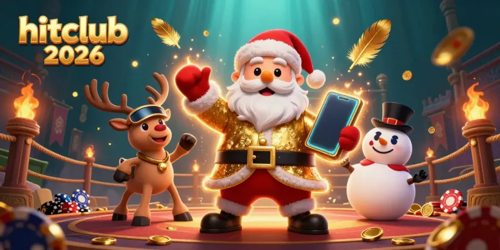 Experience the excitement of hitclub 2026 with festive characters and vibrant casino elements.