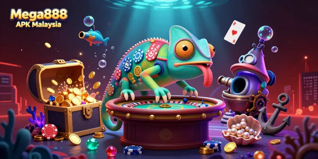 Mega888 APK Malaysia game illustration showcasing a vibrant chameleon casino owner amid golden treasures and casino games.