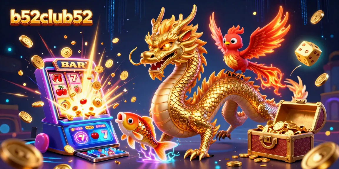 Experience thrilling wins with b52club52 in this vibrant 3D casino scene featuring a dragon and phoenix.