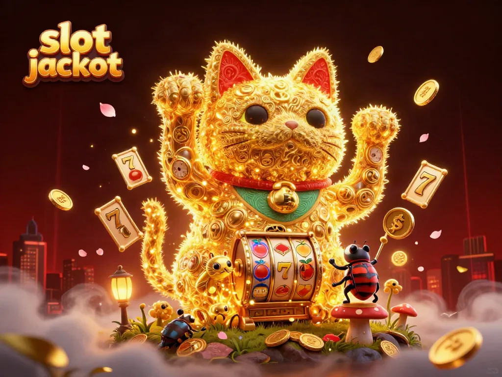 Admiring a vibrant slot jackpot scene with a golden lucky cat and dynamic game symbols.