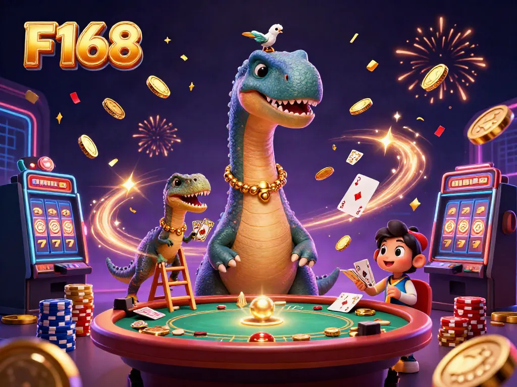 F168 features a whimsical casino scene with a towering brontosaurus overseeing card dealings, coins, and fun