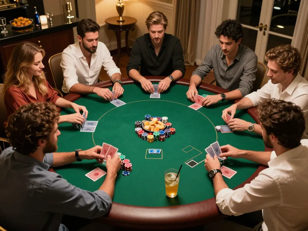 Players enjoying high-stakes poker night at O8 Casino table with colorful chips and cards.