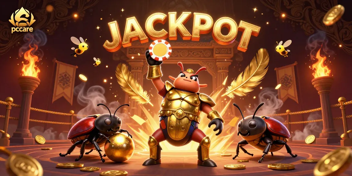 Experience thrilling gameplay at pccare with the victorious beetle lifting a poker chip in a dynamic casino scene.