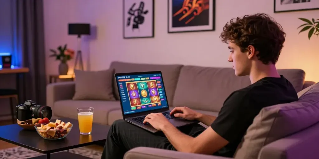 Engaged player enjoying mastercard casinos online in a cozy living room setting.