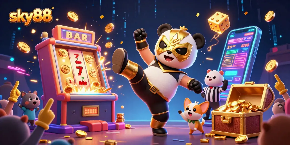 Sky88 showcases thrilling casino action featuring a panda wrestler amidst dynamic slots and celebratory confetti.