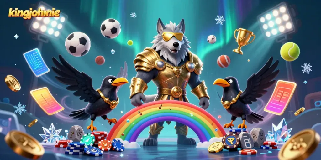 Experience kingjohnnie with an epic scene featuring mythical characters and vibrant gaming elements.