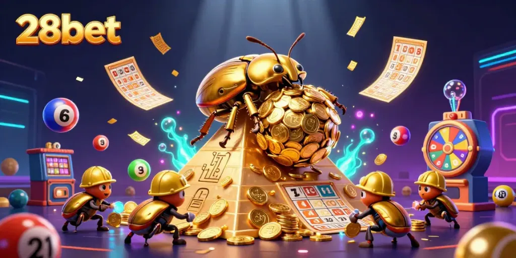 Experience thrilling gaming at 28bet, featuring a golden dung beetle and vibrant casino symbols in 3D