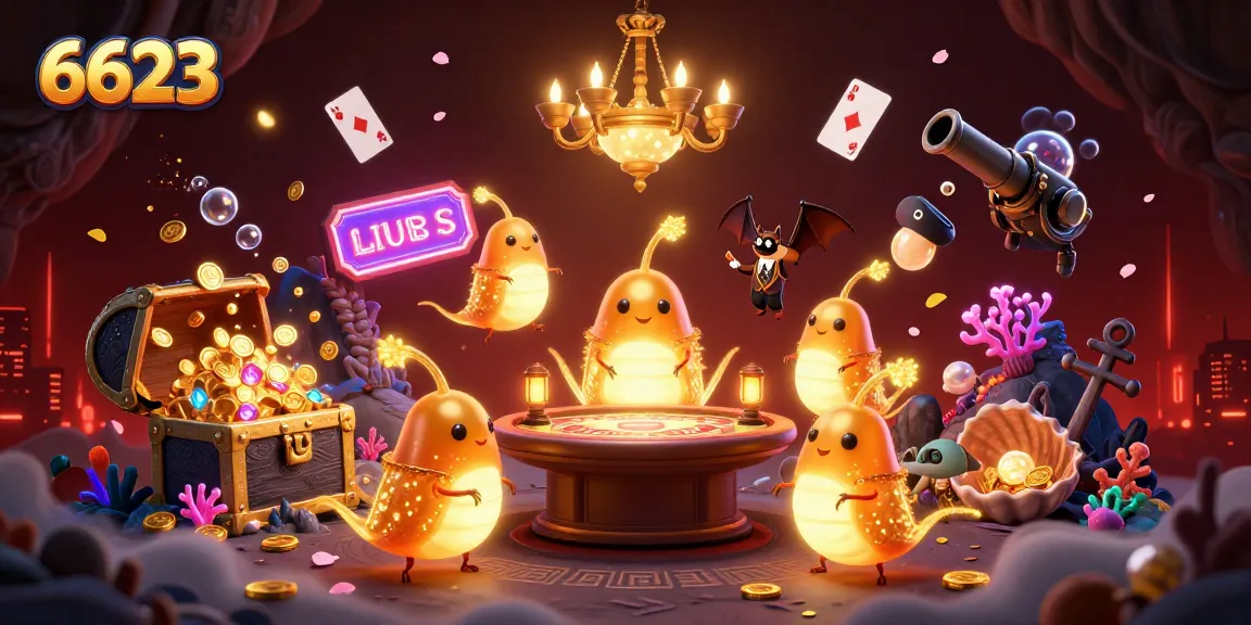Engage with vibrant 6623 casino illustration featuring glowworms, cards, and treasure in a magical setting.
