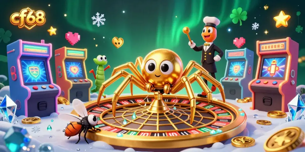 Engage in thrilling bets at cf68 with a golden spider spinning a roulette wheel in a vibrant casino scene.