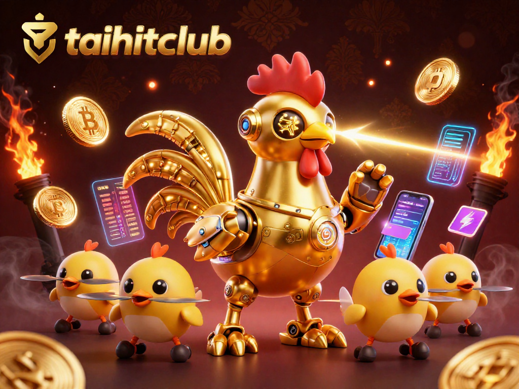 Engage with taihitclub's vibrant 3D casino scene showcasing a golden rooster robot and crypto elements.