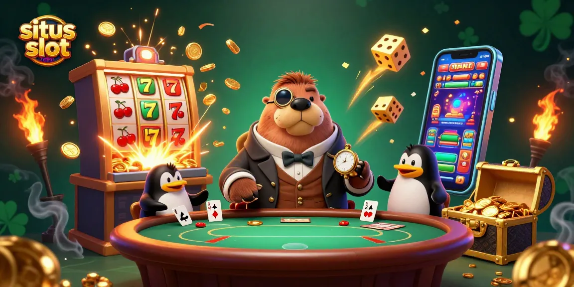 Bet big with situs slot resmi as a jolly walrus plays poker alongside a penguin dealer and pufferfish at an underwater casino.