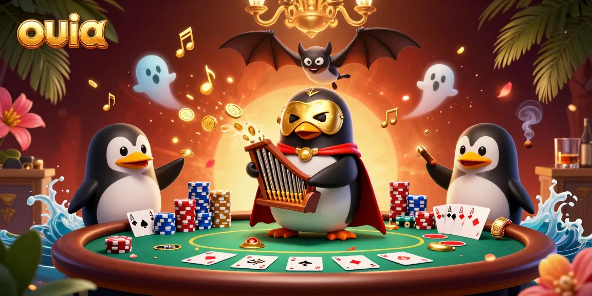 Engage in thrilling poker action at ouia with cartoon characters in a vibrant casino scene.