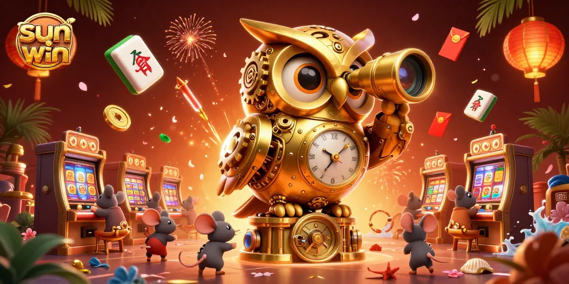 Engage with sun-win as a clockwork owl surveys a bustling casino filled with joyful games.